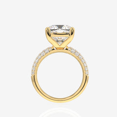 Cushion Cut Lab Grown Diamond Three Layer Pave 14K Gold Ring