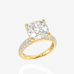 Cushion Cut Lab Grown Diamond Three Layer Pave 14K Gold Ring