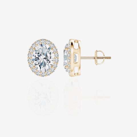 Oval Cut Lab Grown Diamond Halo Stud 14k Gold Earrings