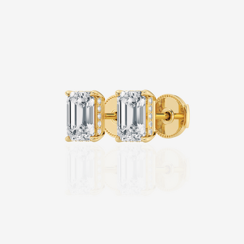 Emerald Cut Lab Grown Diamond Hidden Halo Stud 14k Gold Earrings