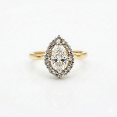 Pear Cut Halo Moissanite Diamond 14k Gold Ring