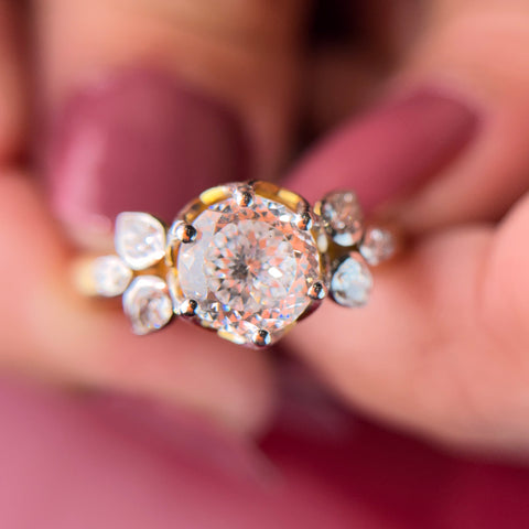 Floral Cluster Portuguese Cut Lab Grown Diamond Engagement 9K Gold Ring