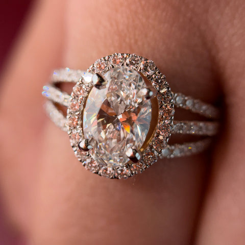 Grand Double Halo Oval Cut Moissanite Diamond Engagement 9K Gold Ring