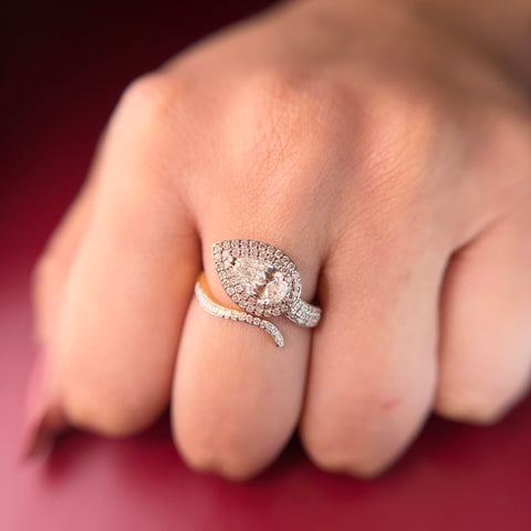 Floral Halo Pear Cut Moissanite Diamond Engagement 18K Gold Ring