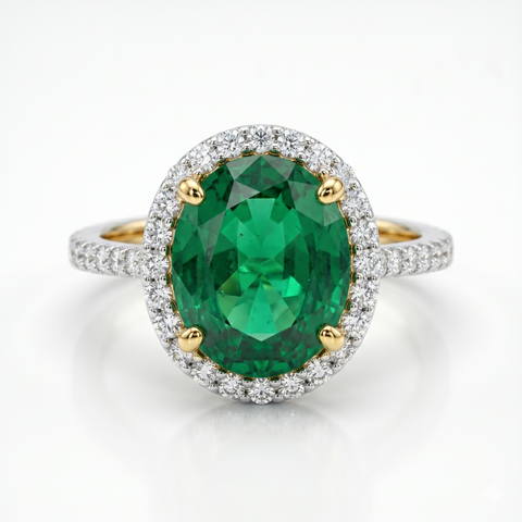 Synthetic Green Oval Cut & Moissanite Diamond Engagement Sterling Silver Ring