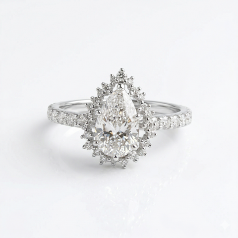 Halo Style Pear Cut Moissanite Diamond 9K Gold Engagement Ring
