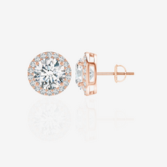 Round Cut Lab Grown Diamond Halo Stud 14k Gold Earrings