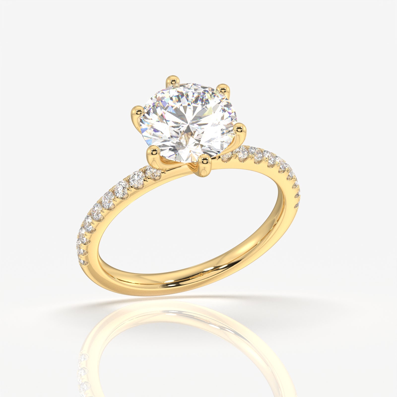 Round Cut Moissanite Diamond Six Prong Pave Gold Ring