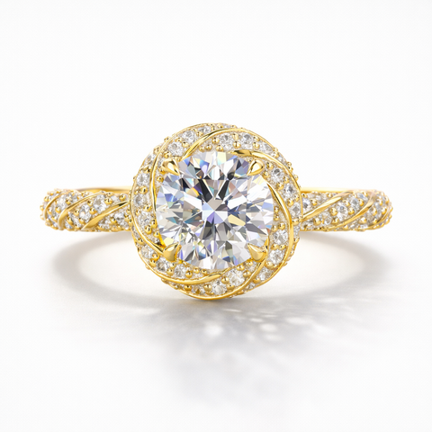 Round Cut Moissanite Diamond Twisted Pave 9K Gold Ring