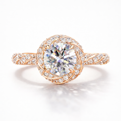 Round Cut Moissanite Diamond Twisted Pave 9K Gold Ring