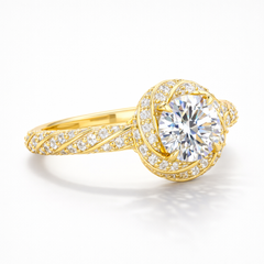 Round Cut Moissanite Diamond Twisted Pave 9K Gold Ring