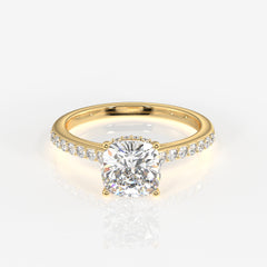 Cushion Cut Moissanite Diamond Hidden Halo 14k Gold Ring