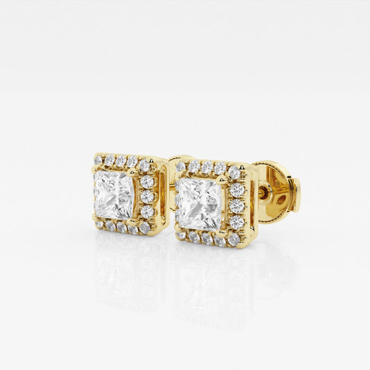 Princess Cut Lab Grown Diamond Halo Stud 14k Gold Earrings