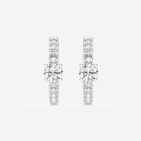Round-stone huggie hoop earrings in a white-metal finish, front view