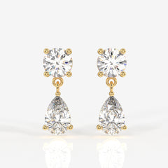 Round and Pear Cut Lab Grown Diamond Dangle 14k Gold Earrings