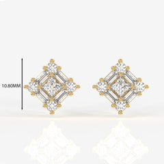 Round and Baguette Cut Moissanite Diamond Stud Sterling Silver Earrings