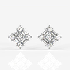 Round and Baguette Cut Moissanite Diamond Stud Sterling Silver Earrings