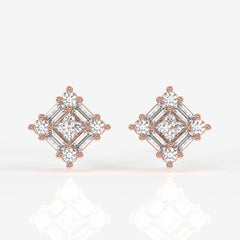 Round and Baguette Cut Moissanite Diamond Stud Sterling Silver Earrings