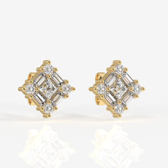 Round and Baguette Cut Moissanite Diamond Stud Sterling Silver Earrings