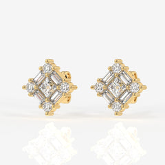 Round and Baguette Cut Moissanite Diamond Stud Sterling Silver Earrings