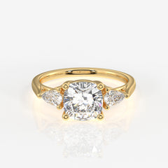 Cushion and Pear Cut Lab Grown Diamond Three Stone 14K Gold Ring