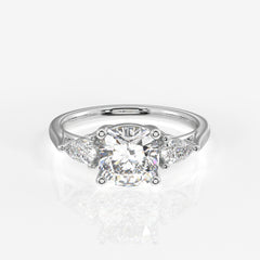 Cushion and Pear Cut Lab Grown Diamond Three Stone 14K Gold Ring