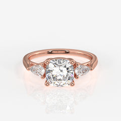 Cushion and Pear Cut Lab Grown Diamond Three Stone 14K Gold Ring