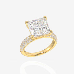 Princess Cut Lab Grown Diamond Three Layer Pave 14K Gold Ring