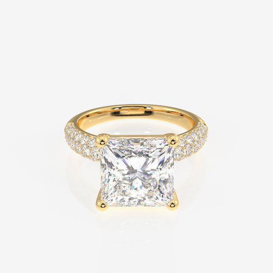 Princess Cut Lab Grown Diamond Three Layer Pave 18K Gold Ring
