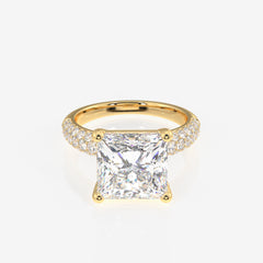 Princess Cut Lab Grown Diamond Three Layer Pave 14K Gold Ring