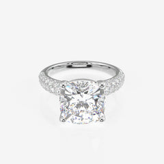Cushion Cut Lab Grown Diamond Three Layer Pave 14K Gold Ring