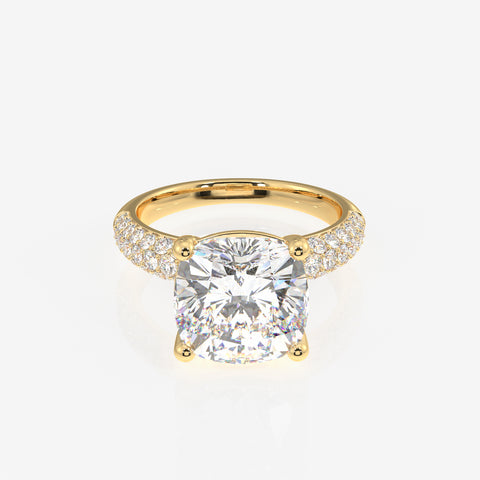 Cushion Cut Lab Grown Diamond Three Layer Pave 14K Gold Ring