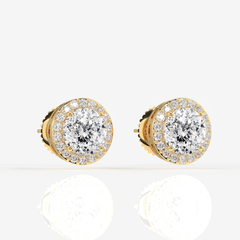 Portuguese Cut Moissanite Diamond Halo Stud 18K Gold Earrings