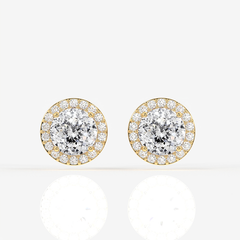 Portuguese Cut Moissanite Diamond Halo Stud 14K Gold Earrings