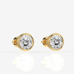 Portuguese Cut Moissanite Diamond Bezel Stud 18K Gold Earrings