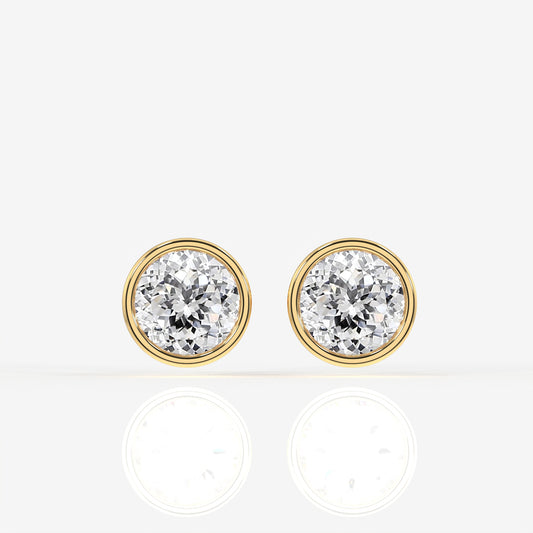 Portuguese Cut Lab Grown Diamond Bezel Stud 14K Gold Earrings