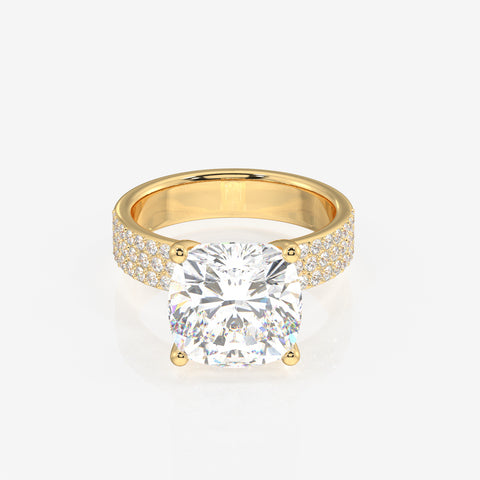 Cushion Cut Lab Grown Diamond Three Layer Pave 14K Gold Ring