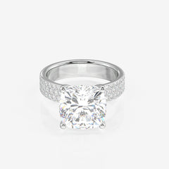 Cushion Cut Lab Grown Diamond Three Layer Pave 14K Gold Ring