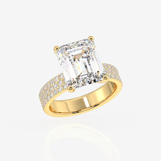 Emerald Cut Lab Grown Diamond Three Layer Pave 18K Gold Ring