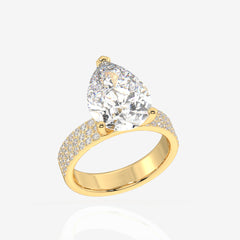 Pear Cut Lab Grown Diamond Three Layer Pave 14K Gold Ring
