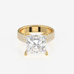 Princess Cut Lab Grown Diamond Three Layer Pave 14K Gold Ring