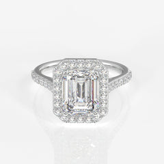 Emerald Cut Moissanite Diamond Halo Engagement Sterling Silver Ring