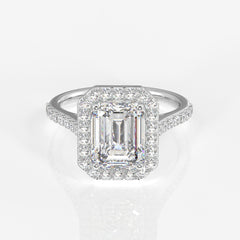Emerald Cut Moissanite Diamond Halo Engagement 14K Gold Ring