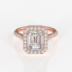 Emerald Cut Moissanite Diamond Halo Engagement 14K Gold Ring