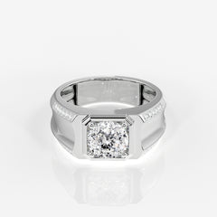 Portuguese Cut Moissanite Diamond, Men' s Unique Engagement Sterling Silver Ring
