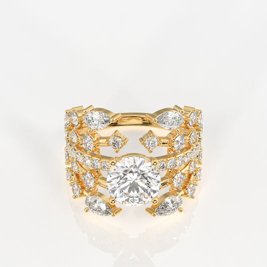 Round and Pear Cut Lab Grown Diamond Cocktail 18K Gold Ring