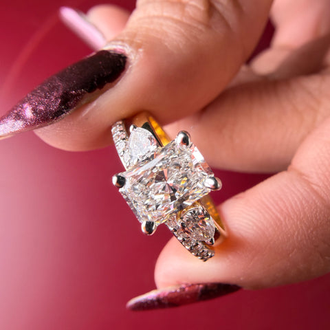 Three Stone Pear Accent Radiant Cut Lab Grown Diamond Engagement 9K Gold Ring