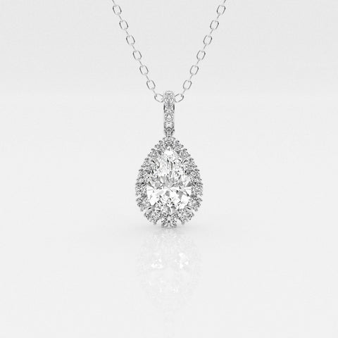 Pear-shaped halo pendant on a chain in a white-metal finish, front view