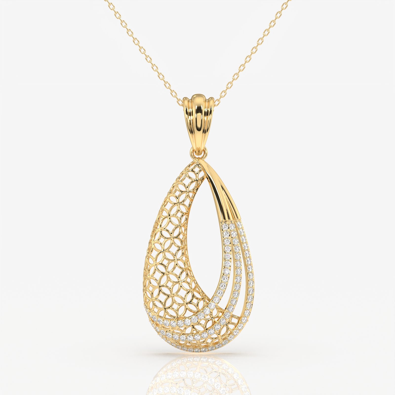 Round Cut Lab Grown Diamond Dina Trellis Fashion 14k Gold Pendant