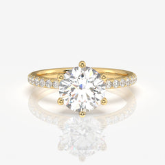 Round Cut Moissanite Diamond Six Prong Pave 14k Gold Ring